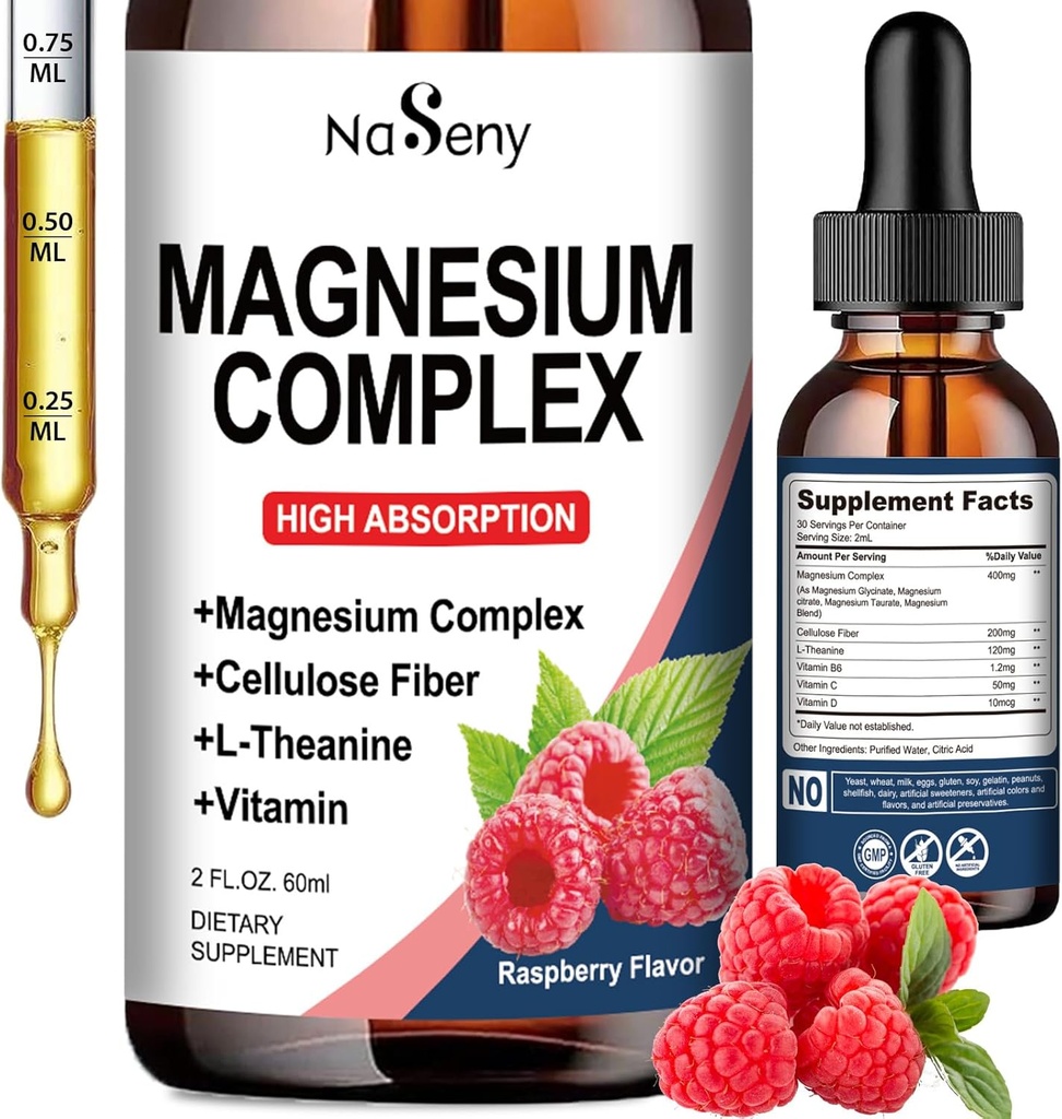 Suplemen Kompleks Magnesium, 400mg dari Magnesium Glycinate, Malate & Citrate Vitamin Black for Women and Men, High Absorpsi - untuk Relaxation, Good Sleep & Nerve Health (60ML / Raspberry)