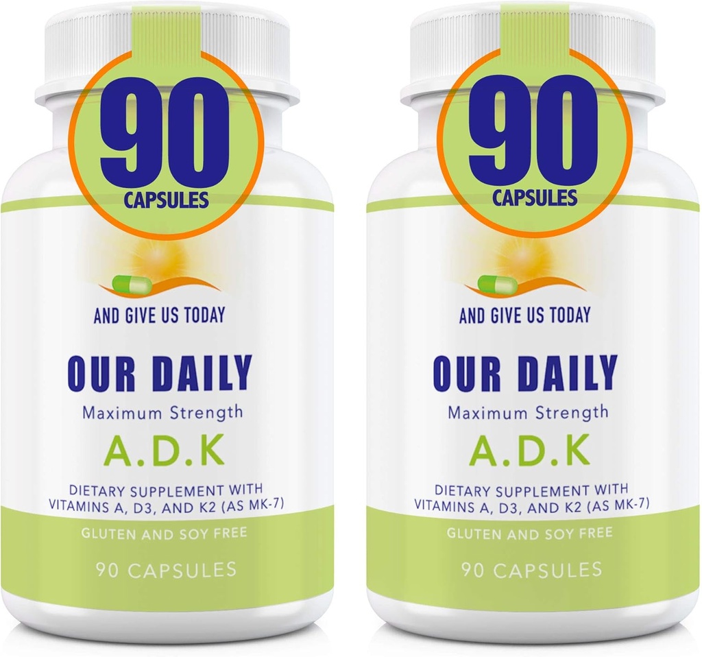 Tambahan Daily Vite ADK kami - Vitamin A, D3 & K2 (sebagai MK7) - Bone, Immune System Dukungan - Potency Vitamin Tinggi dengan Ingredisasi Non GMO - Gluten Free, Soy Free Vegetable Capsules 180 CT