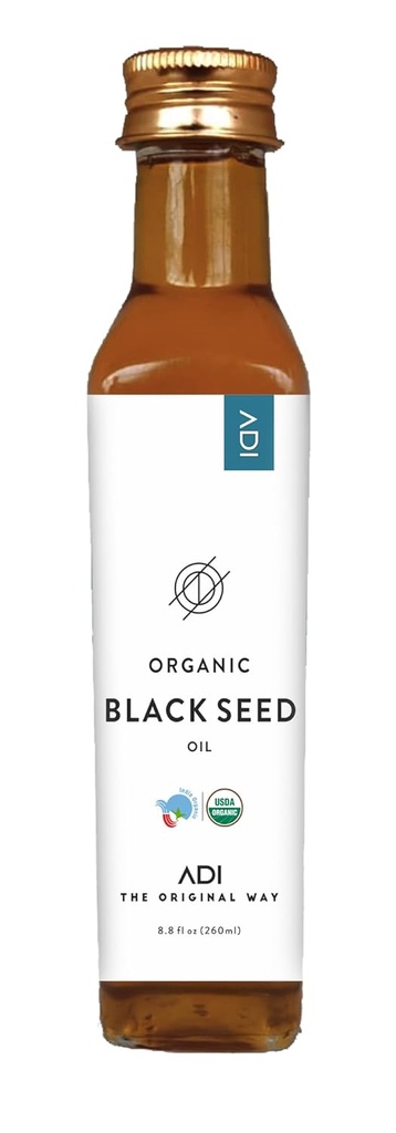 ADI Natural Black Seed Oil 8.8 oz, 100% Pure Unfure Cold Press Cair Oil, Glass Bottle, USDA Certifikasi, Nigella Sativa, Rich dalam Omega 3-6- 9