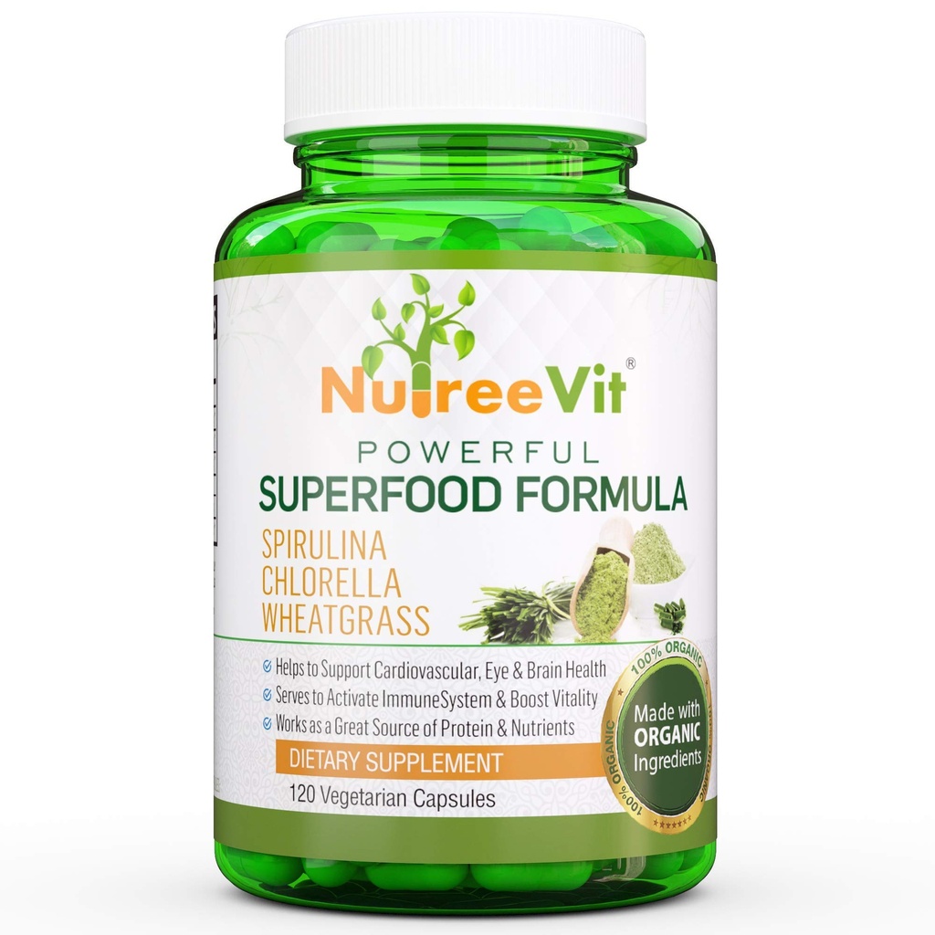 NutreeVit Pure 100% Organic Spirulina + Chlorella + Wheatgrass