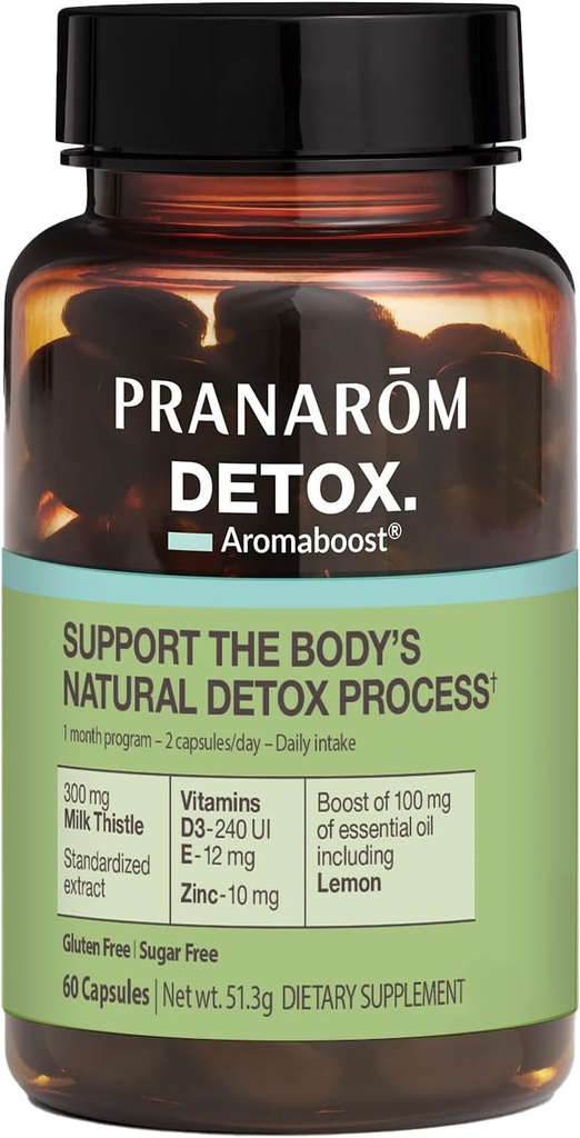 Pranarom - Aromaboost Detox Herbal Suplemen - Menghilangkan Toxins dan Saluran Tubuh - Milk Thistle dan Zinc - Vitamin D3 dan E - Lemon Espinion Oil - 60 Count