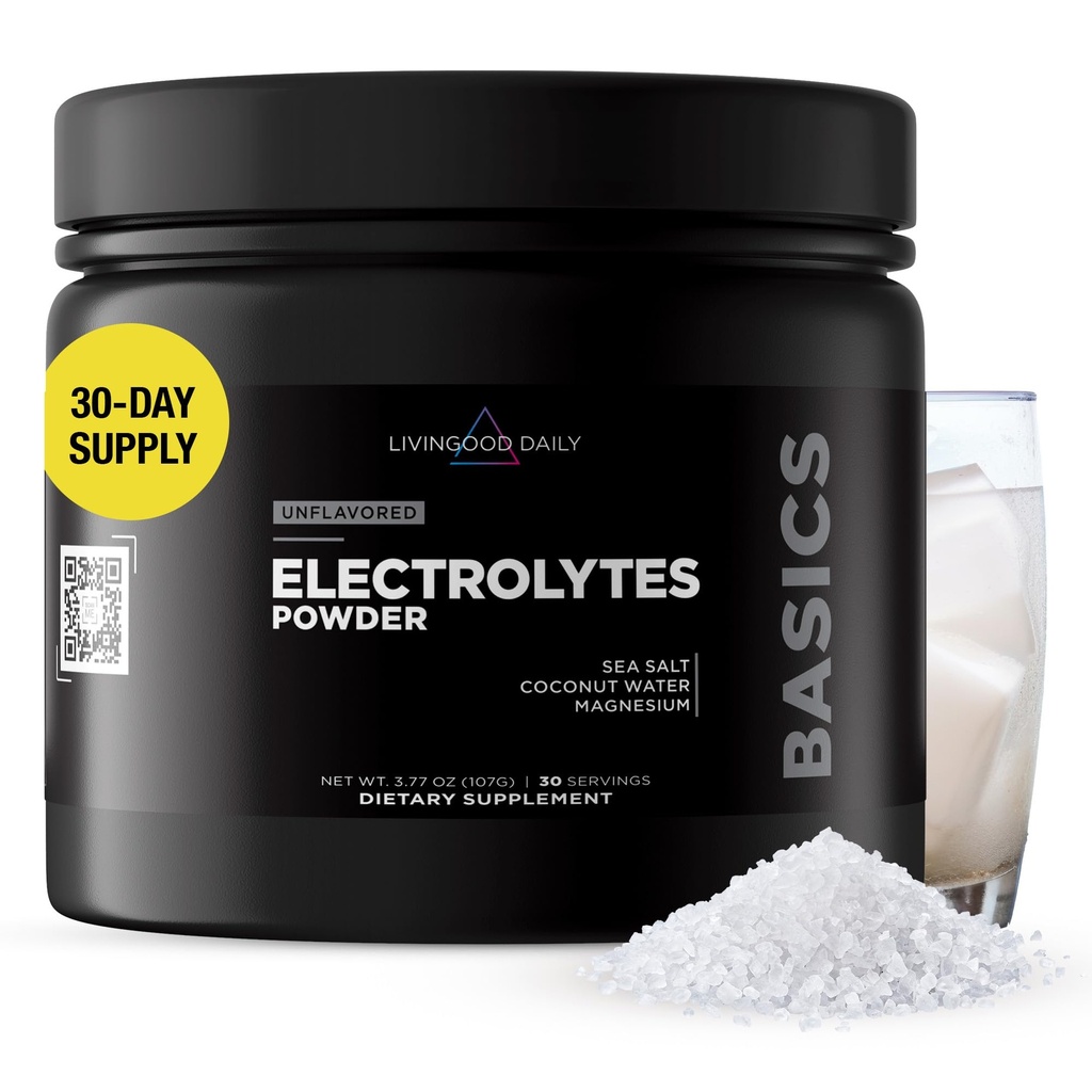 Livingood Daily Electrolytes Powder, Electrolytes Hydration Powder dengan Magensium, Potasium, Sea Salt dan Coconut Air Sugar Free Electrolite Drink Mix, Keto, Gluten Free, Unflashored, 30 Servings