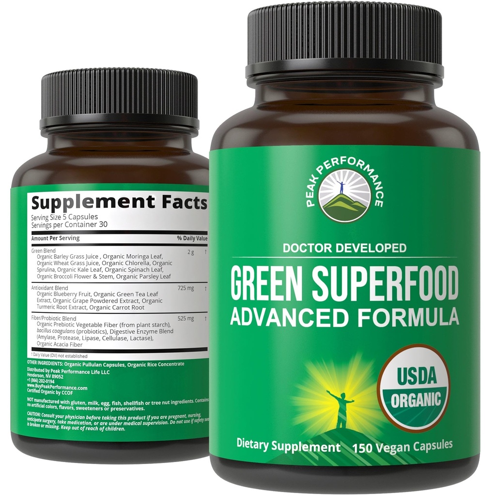 Super Hijau Organik 150 Kapsul - Green Juice Superfood Suplement dengan 25 Semua Natural Organic Ingredians. Max Energy and Detox Super Food Pills with Spirulina, Spinach, Kale, Turmeric, Progration