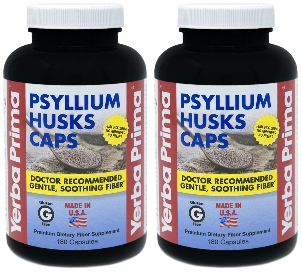 Yerba Prima Psyllium Husk Caps - 180 Capsules (Paket 2) - Mudah untuk Swallow Fiber Suplemen - Colon Cleanse - Gut Kesehatan - Non-GMO Gluten Bebas