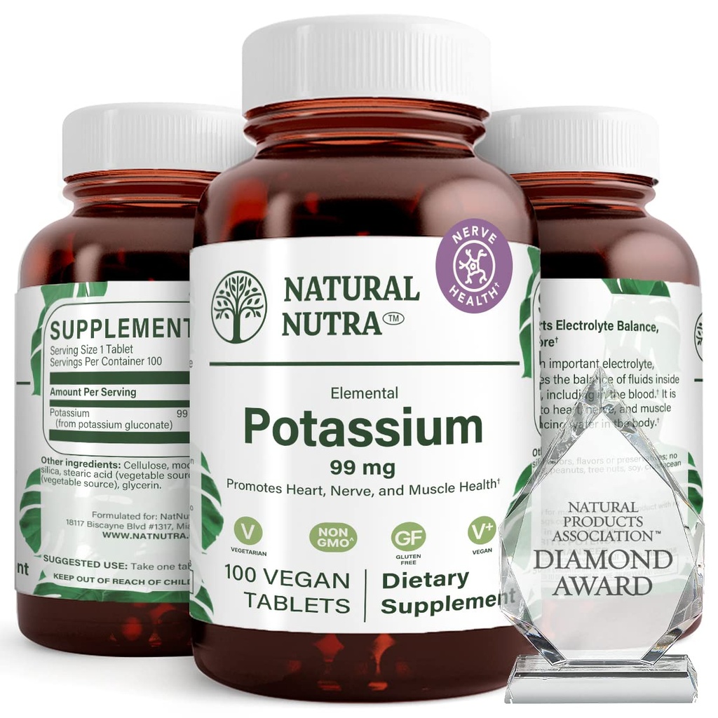 Natural Nutra Potasium Gluconate 99 mg Dietary Supplemen - Promotes Energy, Helling Boost Nervous System, Promotes Heart Health, Mineral Regulasi, Fungsi Muscle - 100 Vegan Tablet