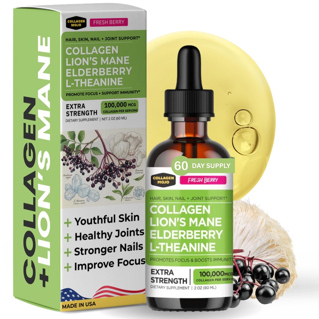 Collagen Mojo - Liquid Collagen for Women & Men, Collagen Peptides with Lion 's Mane Mushroom, Elderberry & L- Theanine - Rambut, Skin, Nails, Dukungan Gabungan, Pengabungan Tinggi - 100,000mcg, 2 Oz