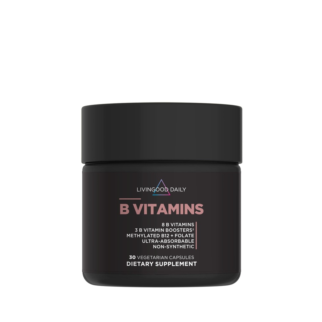 Livingood Daily Vitamin B Complex Capsules for Men and Women, Methylated B12 & Folate, 11 Active Forms termasuk B1 B2 B5 B6 & Biotin, Gluten Free, Vegan B Vitamin for Hair Skin Nails, 30 Capsules