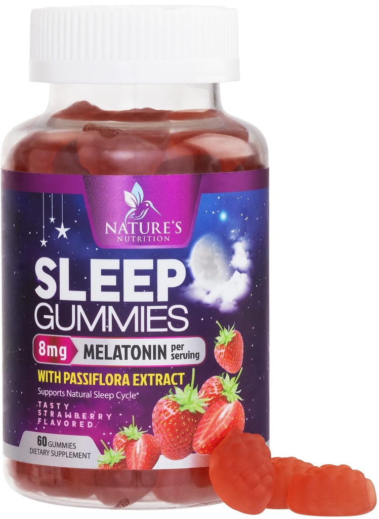 Tidur Gummies untuk Kekuatan Orang Dewasa 8mg - Melonalin dengan Pasiflora Ekstrak Untuk Tidur Resik - Melonatonin Cepat Akting Tambahan Tidur, Vegan, Non- GMO, Tasty Strawberry Flavor - 60 Gummies