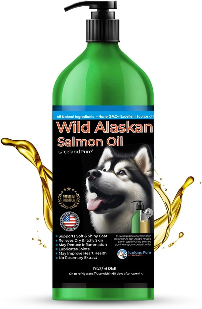 Wild Alaska Salmon Oil for Dogs and Cats by Islandia Pure 124; 1.043 mg dari Omega-3 per Teamusle 124; Salmon Oil & Pollock Blend 124; BPA-Free Brushed Aluminum Epoxy Coated Bottle dengan Pompa - 17 oz