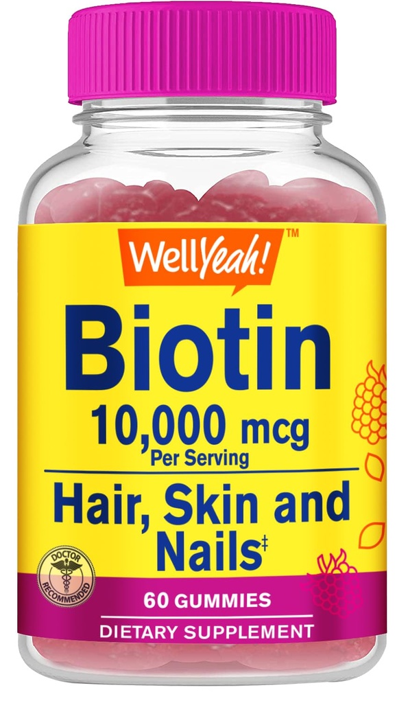 Potensi Tinggi WellYeah Biotin 10.000 mcg Gummies - untuk Rambut Kuat, Skin & Nails - Vegan-Friendly, Gluten- Bebas, Non-GMO, dan Delicious Berry Flavor - 60 Gummies