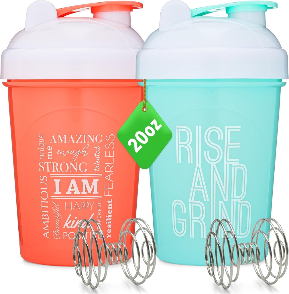 [2 Pack] 20- Ounce Shaker Bottle with Motivational Quotes (Coral & Mint)