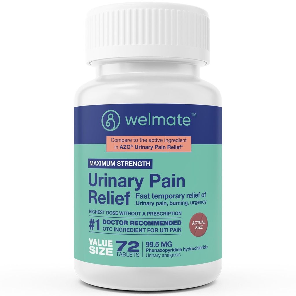 WELMATE - Relief Urinary Pain (72 Tablet) - Phenazopyridine Hydrochloride 99,5mg - Uriner Pain, Urgency, & Disreaty - Maximum Power - The-Counter Medication