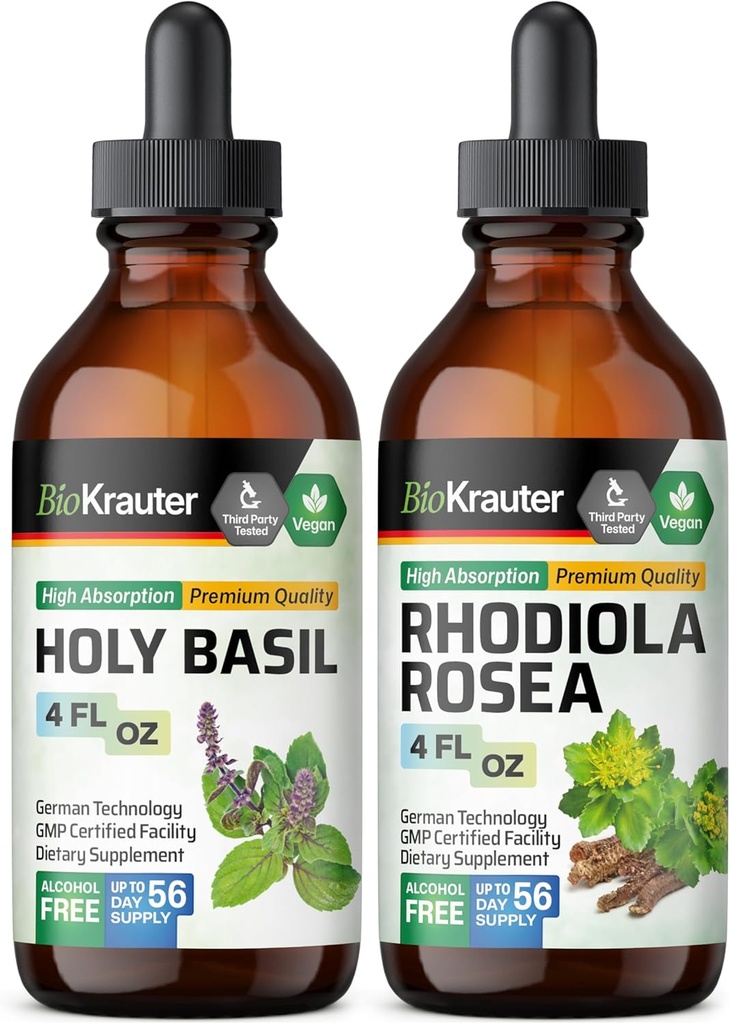 BIO KRAUTER Holy Basil Tarture 4 Fl Oz. & Rhodiola Rosea Tincture 4 Fl.