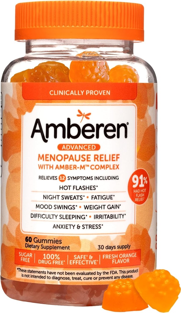 Suplemen Amberen Menopause bagi Perempuan, Multi- Symptom Relief, Vitamin E & Unique Amberen Compound, Membantu Dukungan Keseimbangan Hormone, Hot Flashes & Night Sweats, Sugar Free, Orange Flavor, 60 Gummies