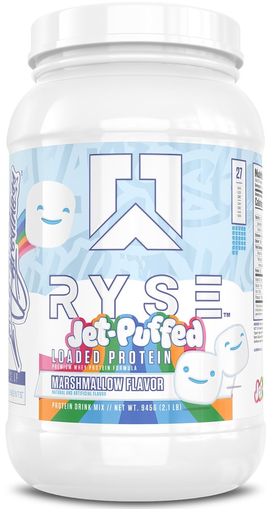 RYSE Loaded Protein Powder - Jet- Puffed Marshmallow - 25g Wey Protein Isolate & concentrate with Prebiotic Fiber & MCTs - Low Carb, Low Sugar, Digestive- Friendly - 27 Wey Whisings / 2 lb Tub