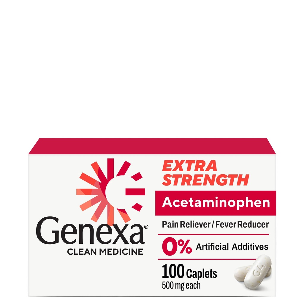 Genexa Clean Acetaminofhen Extra Energy, Dye Free Pain Retiever Fever Reducer, 0% Artificial Addictive, Obat nyeri untuk Dewasa, Relieves Headache, Batuche, Minor Arthritis Pain, 100 tablet