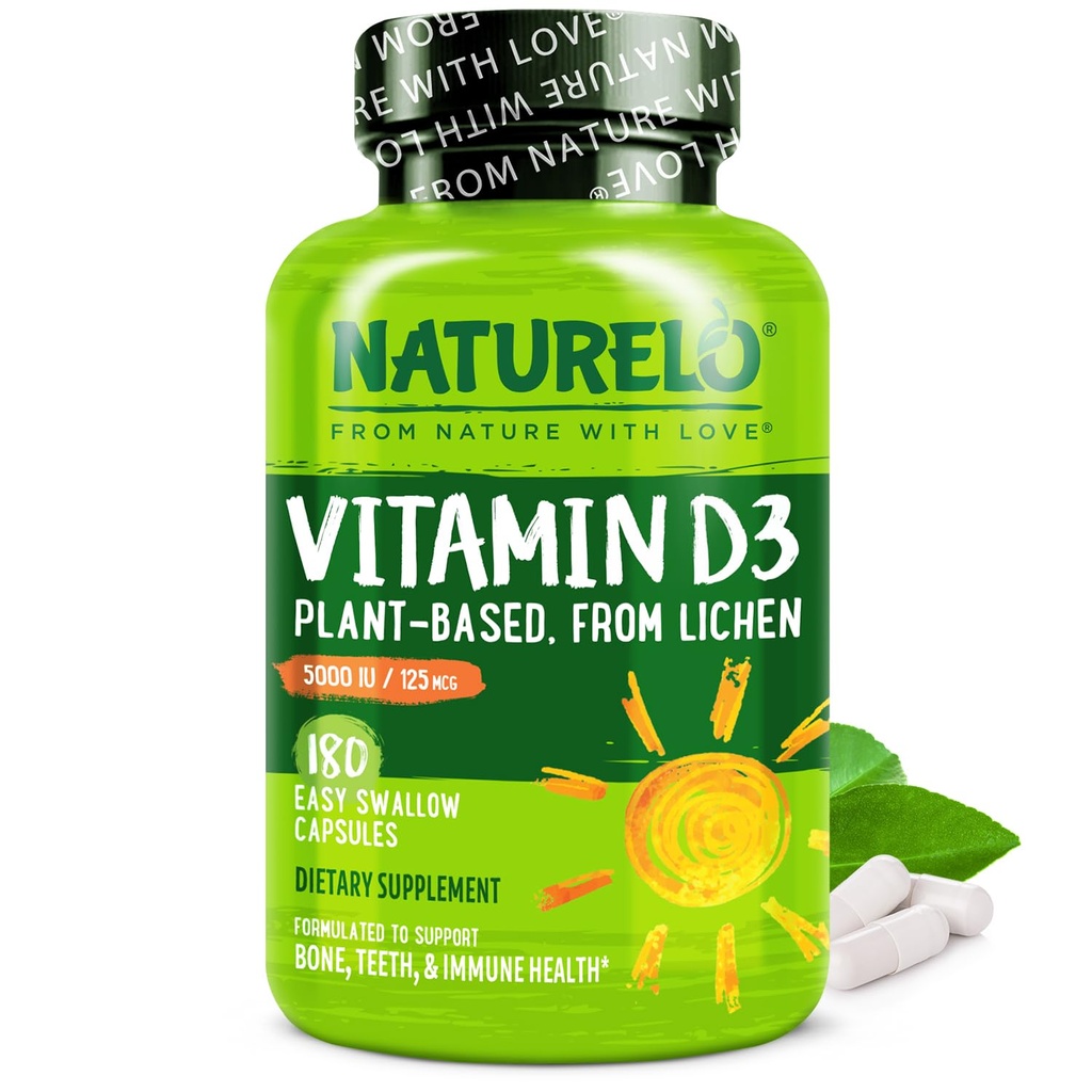 NATURELO Vitamin D - 5000 IU - tanaman yang berbasis dari Lichen - Natural D3 Suplemen untuk Sistem kekebalan, Dukungan Tulang, Kesehatan Gabungan - Potensi Tinggi - Vegan - Non-GMO - Gluten Bebas - 180 Kapsul