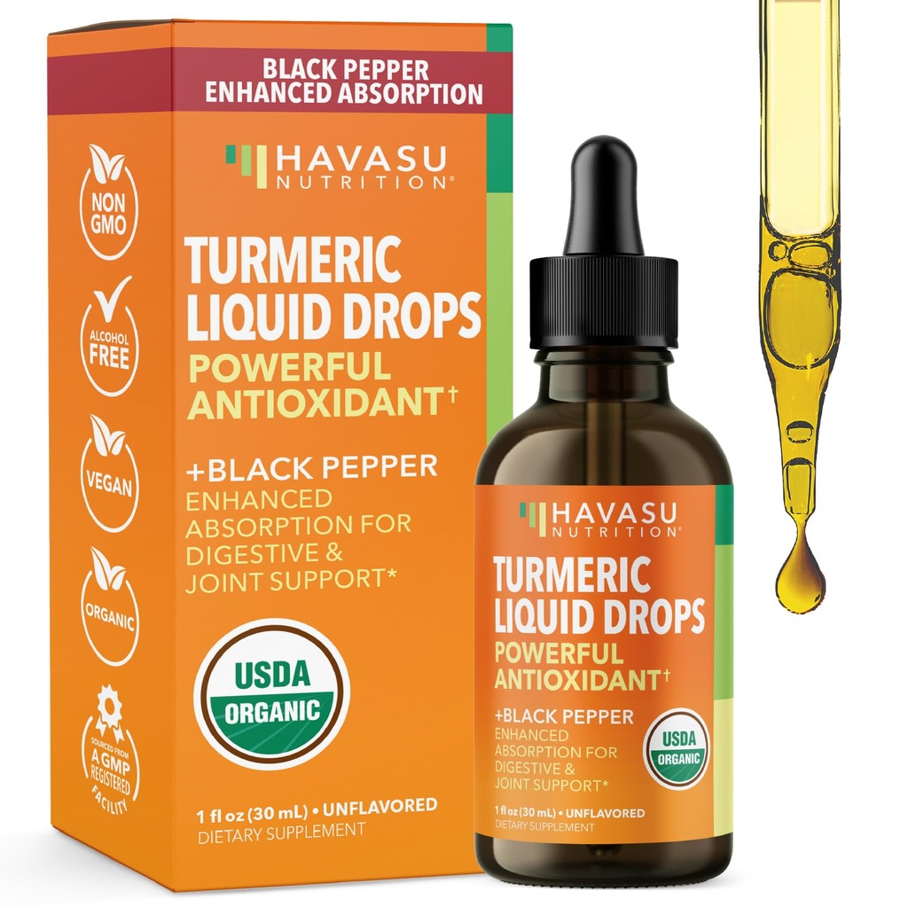 USDA Organic Turmeric Liquid Drops with Black Pepper - 10000mg Curcumin Suplement for Ammune & Digetical Health - 30 Servis - Dihanced Absorpsi - Non-GMO, Vegan, Gluten Free - Unflashored, 1 Fl Oz