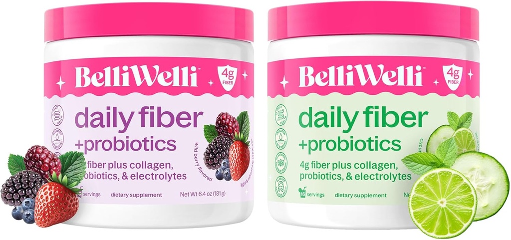 Sunday Fiber Supplement Bundle with Collagen, Progetic & Electrolytes - Support Digetical Health, Regularity, and Skin Health - Cumber Lime Mint & Wild Berry Flavors - 32 Servings Total
