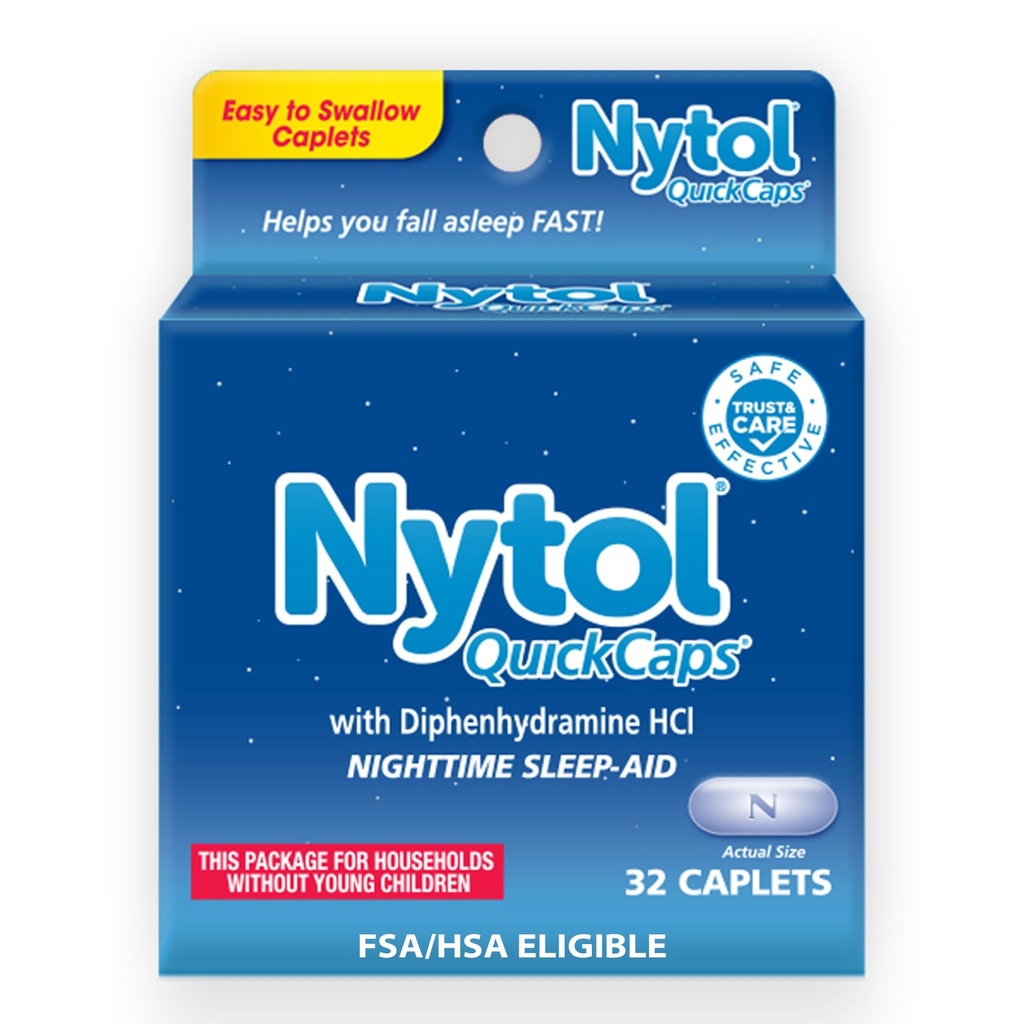 Nytol Quick Caps Nighttime Sleep Aid dengan Diphenhydramine HCI, Eister-to- Swallow Caplets untuk Fall Asleep Fast, 32 Count