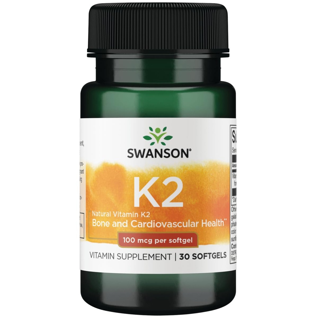 Swanson Vitamin K2 (Menaquinone- 7) - Vitamin Supportion Support Cardiovascular and Bone Health - dibuat dari Jepang Natto untuk membantu Regulate Kalsium - (30 Softgels, 100mcg Masing-masing)