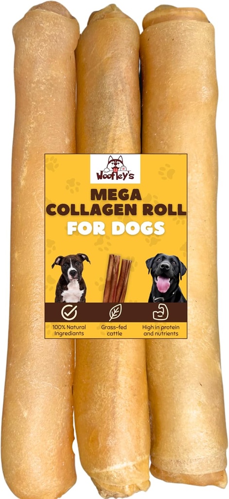 Woofley 's Extra Thick Collagen Roll (1012 Inch - 3 PCS) - Chews for Dogs - Bully Stick Rawhide Alternative Dog Chews No Hide Bones for Medium & Large Dogs