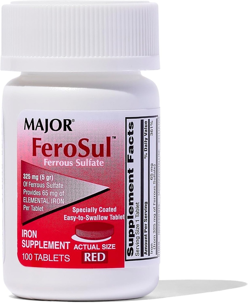 Mayor Ferosul - Ferrous Sulfate 325mg Tablet dengan 65mg dari Besi Elemental - Iron Suplemen untuk Perempuan, Pria - Merah - Cacah