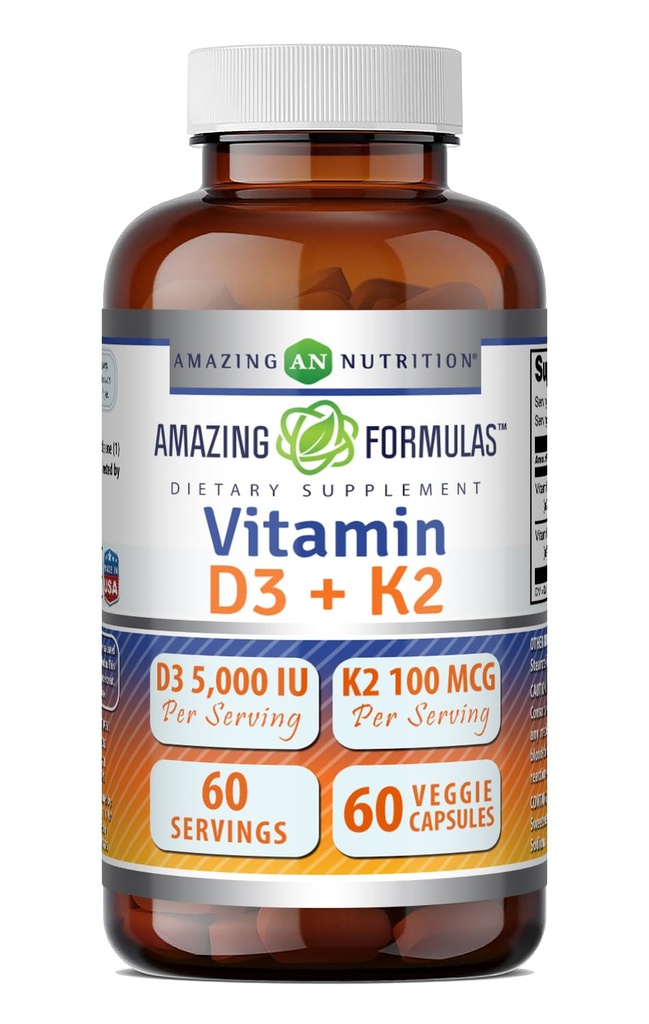 Amazing Formulas Vitamin D3 5000 IU dengan Vitamin K2 100 mcg 124; D3 + K2 Suplemen Asa 124; Veggie Capsules 124; Non-GMO 124; Gluten Free Alag4; dibuat di Amerika Serikat (60 Count)