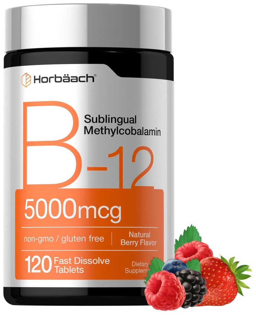 Horbäach B12 Vitamin 5000 mcg 124; 120 Fast Dissolve Tablets 124; Sublingaal Methoycobalamin 124; Vegetarian, Non- GMO & Gluten Free Suplemen