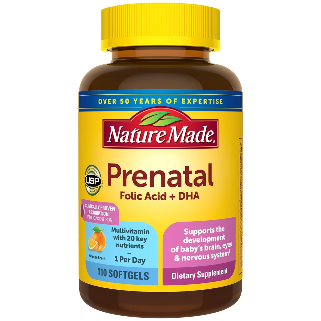 Nature Made Prenatal with Folic Acid + DHA, Prenatal Vitamin and Mineral Supplement for Daily Nutritial Dupport, 110 Softgels, 110 Day Supply