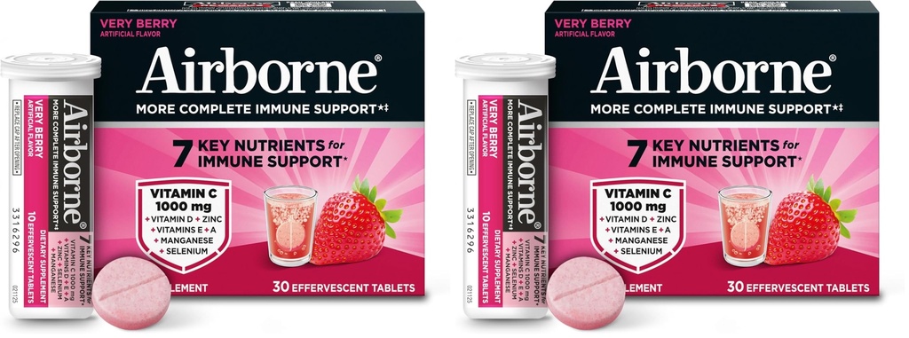 Airborne 1000mg Vitamin C dengan Vitamin D & Zinc, Sugar Free Multivitamin Ammune Suplemen, Antioksidants Vitamin A C & Vitamin E, 30 Effervescent Tablet, Very Berry Flavor (Paket 2)