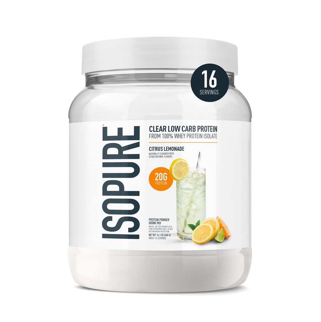 Isopure Clear Whey Isolate Protein Powder, Laktosa Free, Gluten Free, Alamic Flavored, Citrus Lemonade, 20g Protein Per Serving, 14.1 Oz, 16 Servings (Packing May Wary)