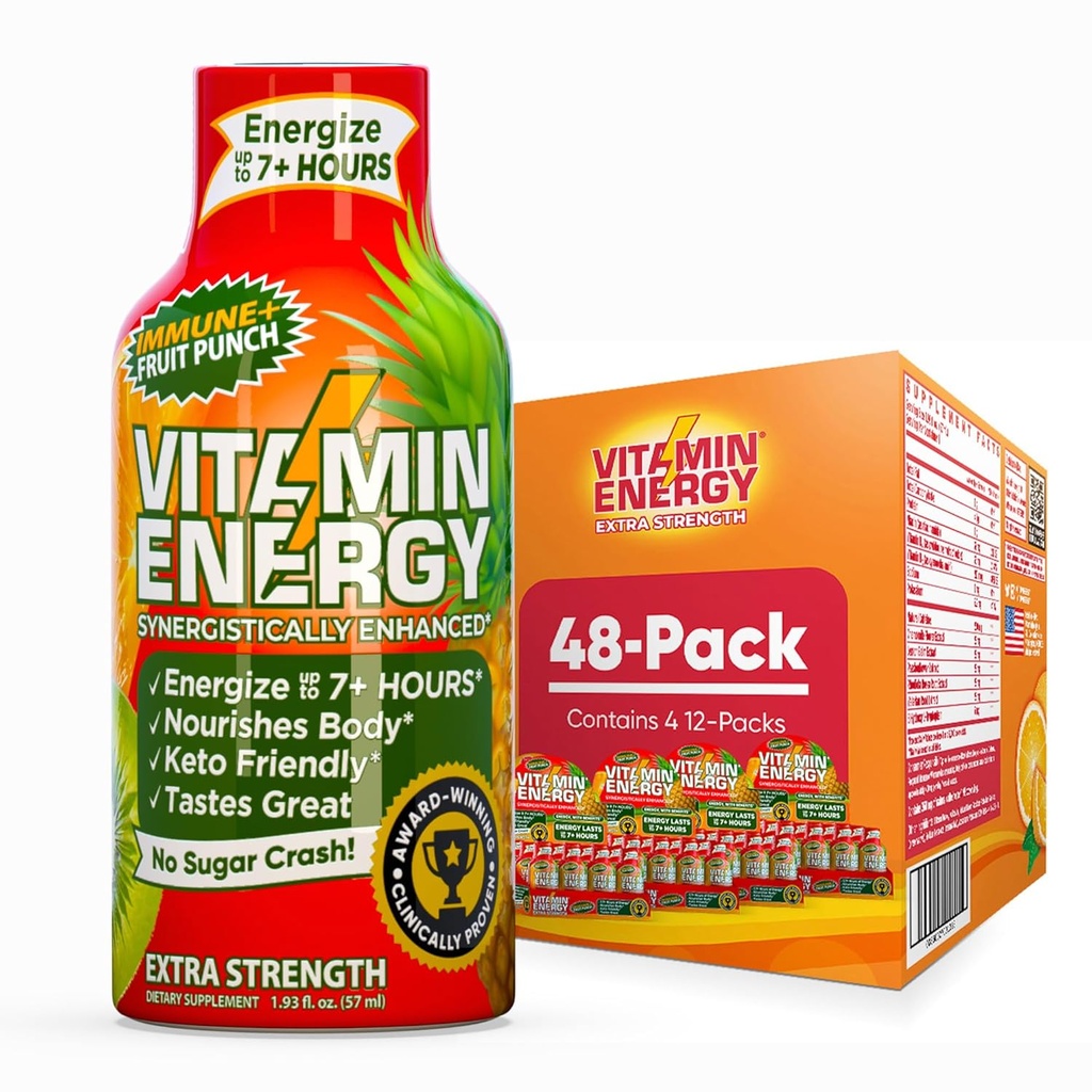 Vitamin Energy Immune + Extra Power Energy Shot Fruit 48 Pack, 260mg Natural Caffeine, B-Vitamin, Citicoline, Green Tea, Imunity & Focus Dukungan, Zero Sugar, Gluteng - Free 1.93 fl oz