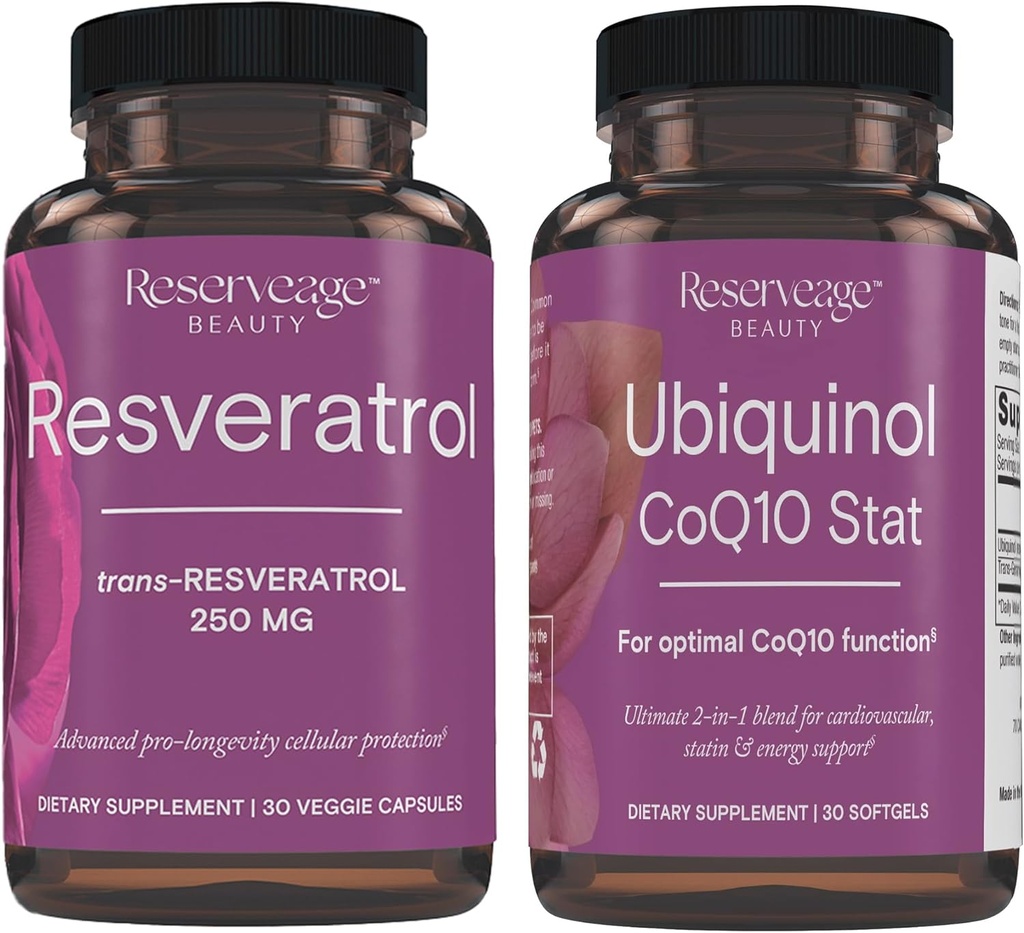 Reserveage Beauty, Resveratrol 250 mg, Antioksidant Suplemen untuk Jantung dan Kap 30 Kesehatan Sel & Ubiquinol CoQ10 - Dukungan untuk Sistem Kardiovaskular, Tingkat Energi & Sel Kesehatan - 30