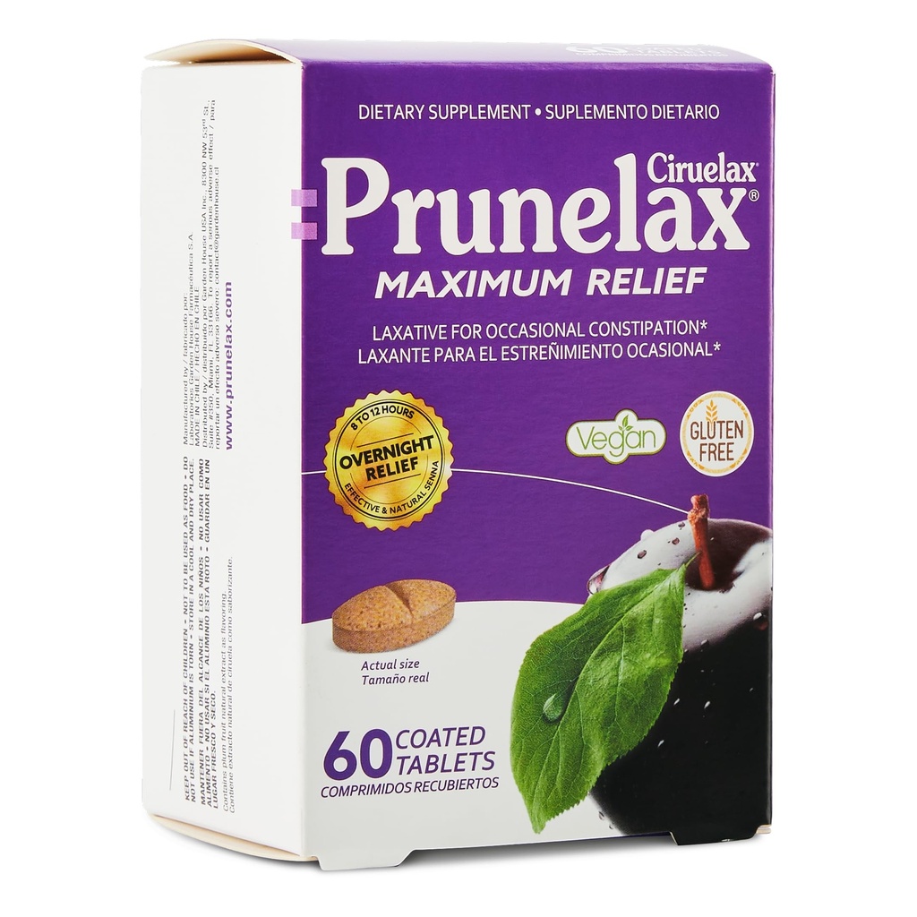 Prunelax Ciruelax Maximum Relief Laxative Tablet dengan Senna Natural for Occasional Constipation, Senna Extract, Vegan & Gluten- Free, Gentle Overnight Relief - 60ct