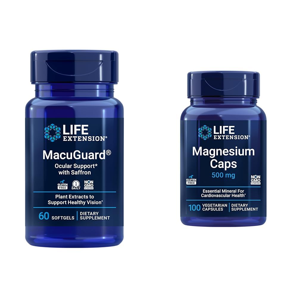 Ekstensi Hidup MacuGuard Eye Suplement dengan Magnesium Capsules 500mg - Lutein, Alaxanthin, Meso-zeaxanthin dan Saffron untuk Heally Vision - 60 Softgels dan 100 Vegetarian Capsules
