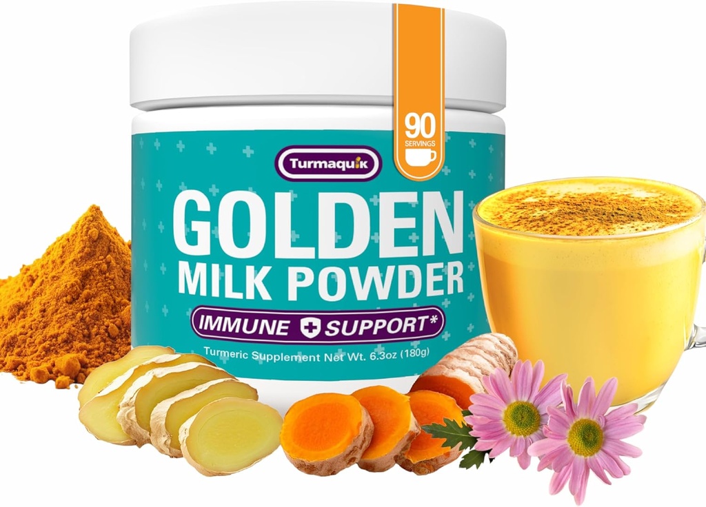 Turmaquik Golden Milk Turmeric Powder, Hamilune Dukung + Superfood Blend of Ginger, Black Pepper, Curcumin, Cinnamon, Cardamom + Vitamin C, D, B6, B12, Zinc Atter- Imunity Boost