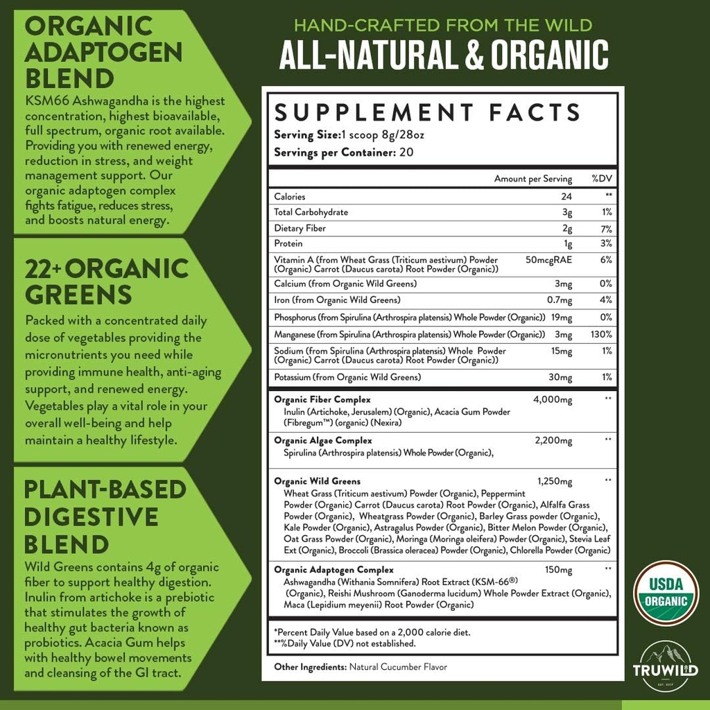 TruWild Greens Superfood Juice Powder, dengan 22 + Greens & Anti-Oxidants, Natural Ammune, Stress, Diatrious Dupder, 90 Serbu, 3 Pack