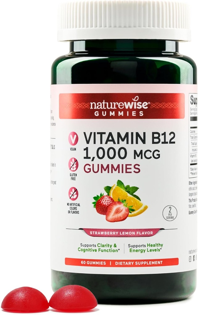 NaturreWise Vitamin B12 Gummies for Dewats, 1000 mcg - Strawberry Lemon Flavor - Support Daily Energy, Mental Clarity, Cognitive Fungsi - Vegan, Gluten- Free, Non-GMO - 60 Count [Persediaan Bulan 1]