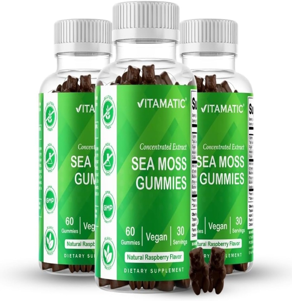 Vitamatic 3 Pack Irish Moss Gummies - 3000mg Equalovalen Per Serving (dari Ekstrak 13,5 mg) - 60 Ct - Dibuat dengan Bladderwrack & Burdock Root - Suplemen Seamoss untuk Thyroid, Energy, Imune Support