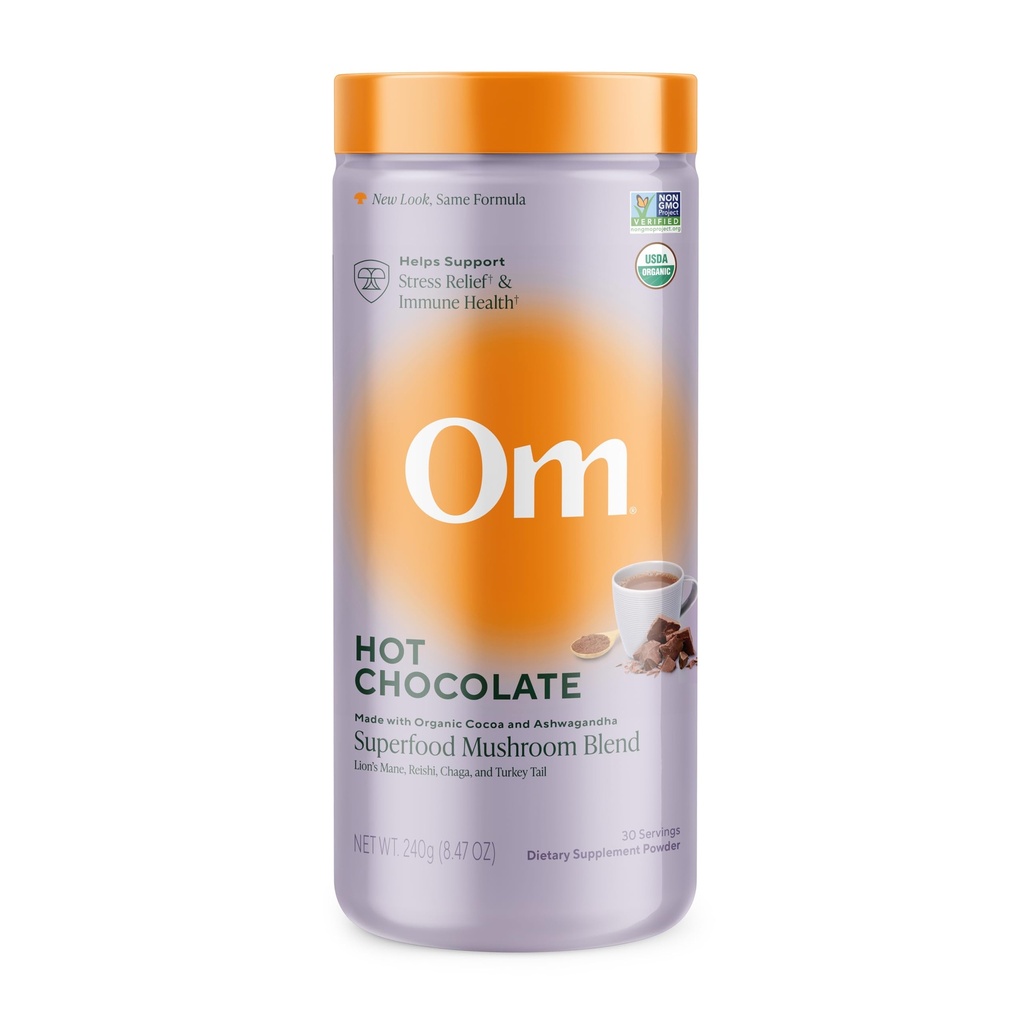 OM MUSHROOM SUPERFOOD Chocolate Blend - Dutch Cocoa with Lion 's Mane, Reishi, Chaga & Turkey Tail - Pasokan Fokus, Tenang & Stress Relief - 2g Sugar, 25 Calories - 8.47 oz Canister (30 Pelayan)