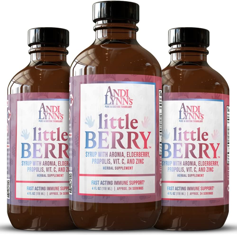 Andi Lynn LittleBerry, Elderberry Syrup untuk Anak-anak dengan Vitamin C & Zinc, Fast- Akting Imune Dukungan Herbal Supplemen, 4 oz (3- Pack)