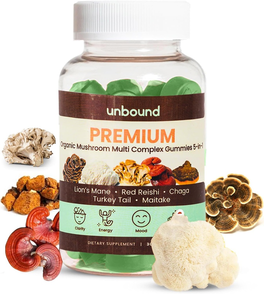 Unbound Premium Organic Mushroom Multi- Complex Gummies untuk Dukung Memory 5 in 1, Blend with Chaga, Lion 's Mane, Reishi, Turkey Tail, Maitake - 60 Gummies,