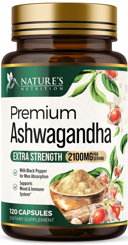 Suplemen Ashwagandha - 2100mg Ashwagandha Capsule untuk Perempuan & Pria, Dukungan Antioksidant Alam, Ekstra Root Ekstra Ekstra Dukungan Tenang dengan Black Pepper, Vegan & Gluten Free - 120 Capsules