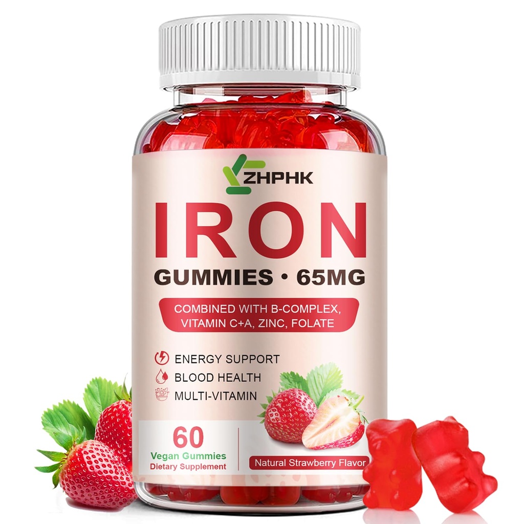 Gummies Tambahan Besi, 65mg Besi dan 250mg Vitamin C untuk Perempuan Pria Anak-Anak, Vegan Besi Alam Gummy dengan Vitamin A, B-Complex, Biotin, Zinc & Folate Energi Dukungan & Imune Kesehatan, 60 Gummimi
