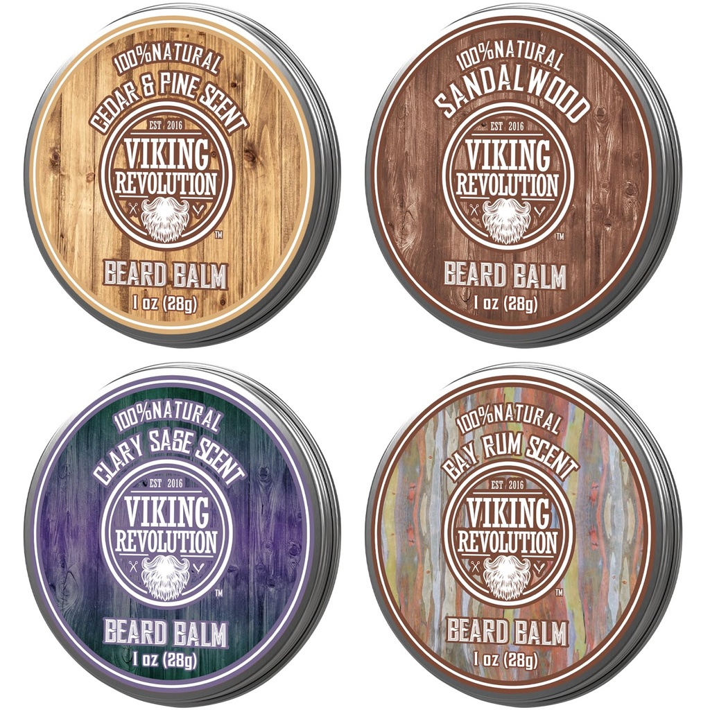 Viking Revolution 4 Balim Variety Pack (1oz Masing-masing) - Sandalwood, Pine & Cedar, Bay Rum, Clary Sage - Styles, Strengthens dan Soflens Beards dan Coulches - Wax untuk Pria