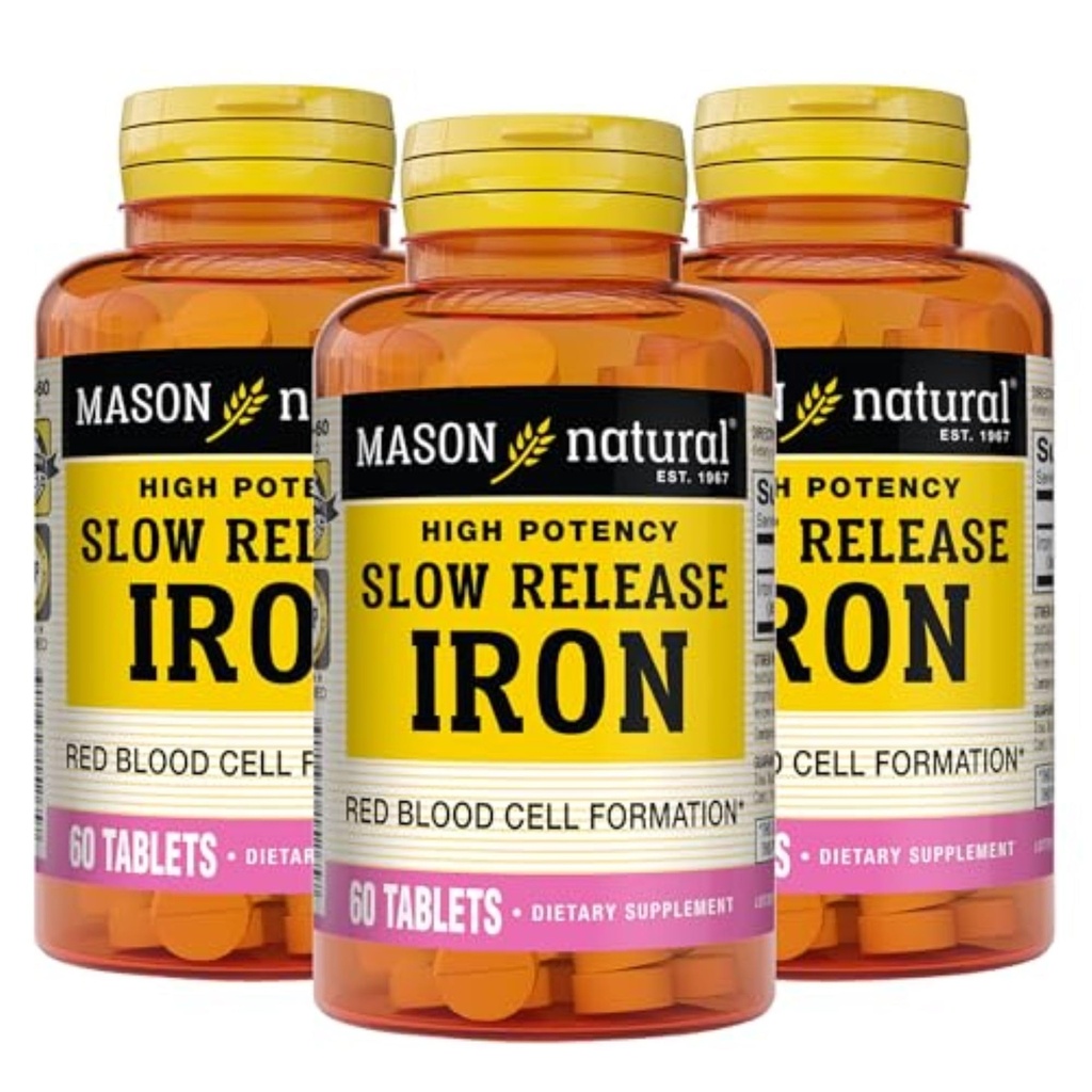Mason Natural Slow, Rilis Besi (Ferrous Sulfate) 50 mg Tablet, 180 Hari Supplemen Potensi Tinggi, Lembut di Perut, 3 Pack