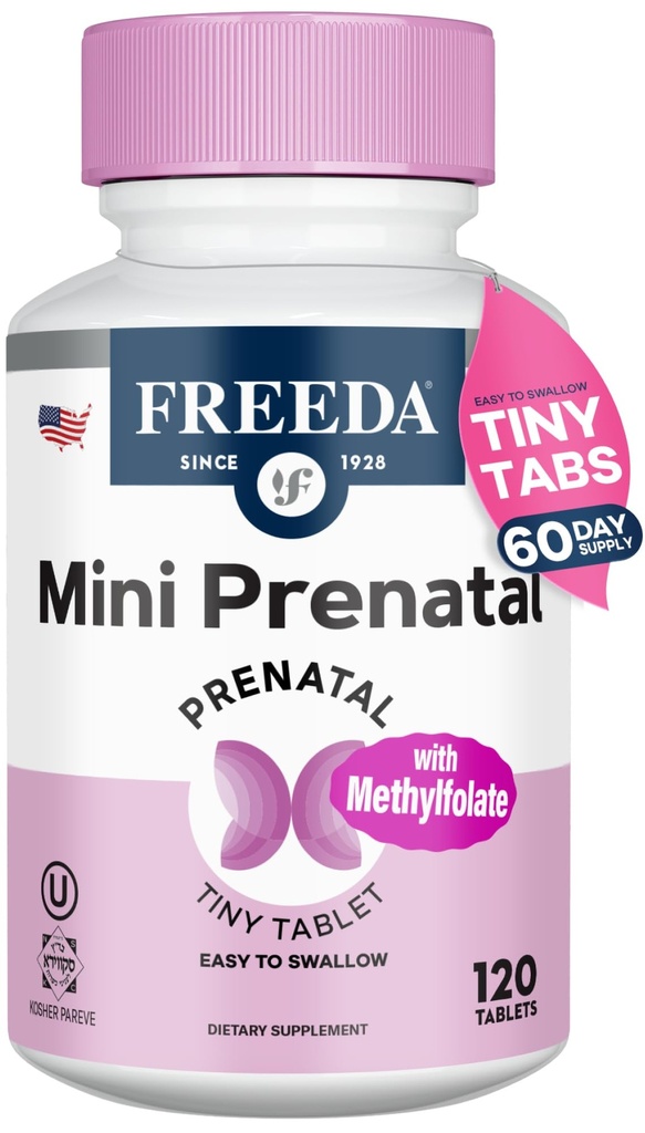FREEDA Mini Prenatal Vitamin - Kosher Prenatals -Tiny Easy to Swallow Tablet - Prenatal Vitamins with Iron, Prenatal Folic Acid / Folate, Vitamin D - Pre Natal Multivitamin for Pregnant Women (120)