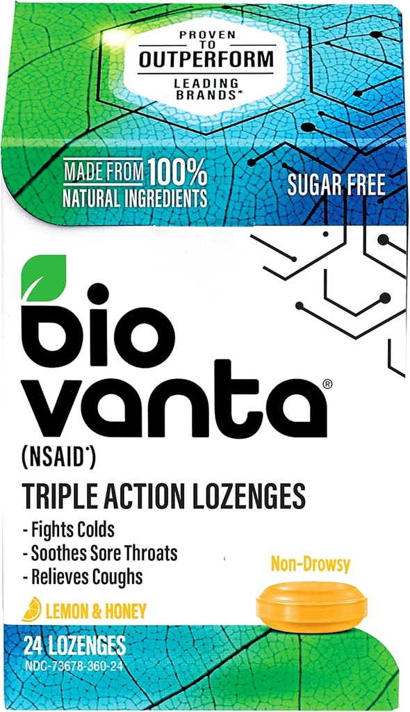 Biovanta Natural Ingredials Sugar- Free Lozenges untuk Cough, Cold and Sore Throat, 24 Lemon Honey Throat Lozenges