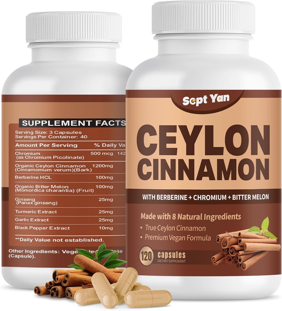 Ceylon Cinnamon Capsules 1200 mg Cinnamon Bark Suplemen dengan Chromium, Berberine HCL & Turmeric, Vegan, 120 Capsules, Energy, Metabolisme, Dukungan Hati & Imune